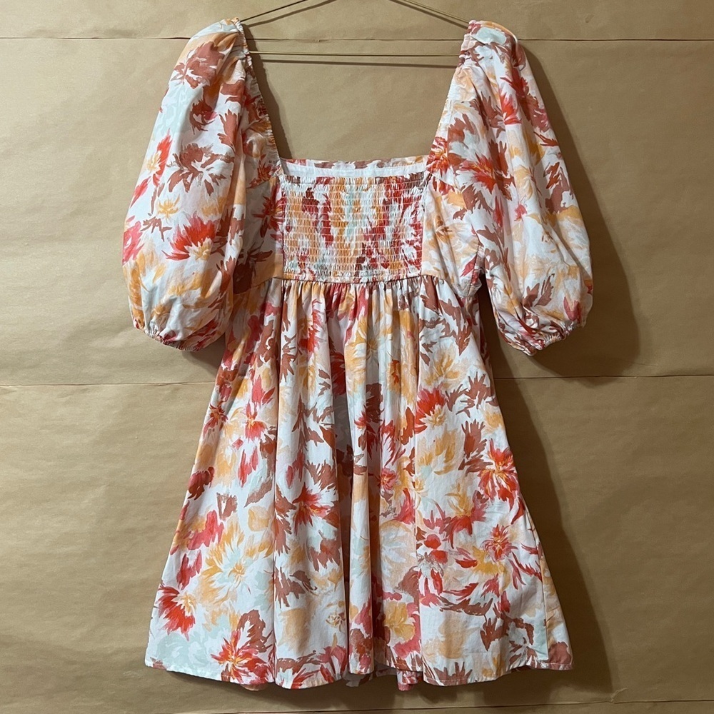 Abercrombie & Fitch | Emerson Poplin Puff Sleeve Mini Dress Orange Floral Size M - Picture 8 of 11